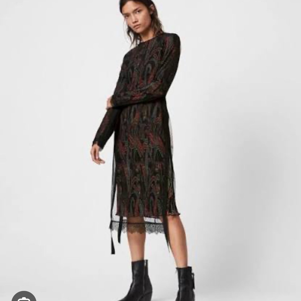 All Saints Elegant Black and Red Long Sleeve Dress